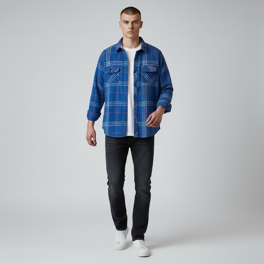 Tony Hawk Blue Plaid Flannel Shirt Button Front Long Sleeves Size XL